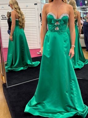 Sherri Hill Strapless Emerald Green Satin Gown with Crystal Accents